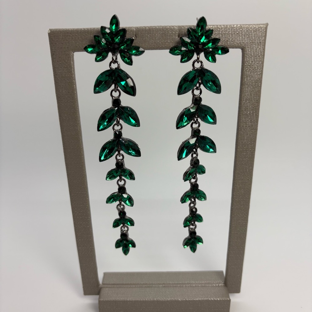Long Green Crystal Dangle Earrings in Black Tone